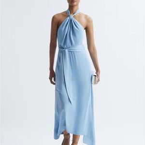 Reiss Light Blue One-Shoulder Halter Maxi Dress with Waist Tie